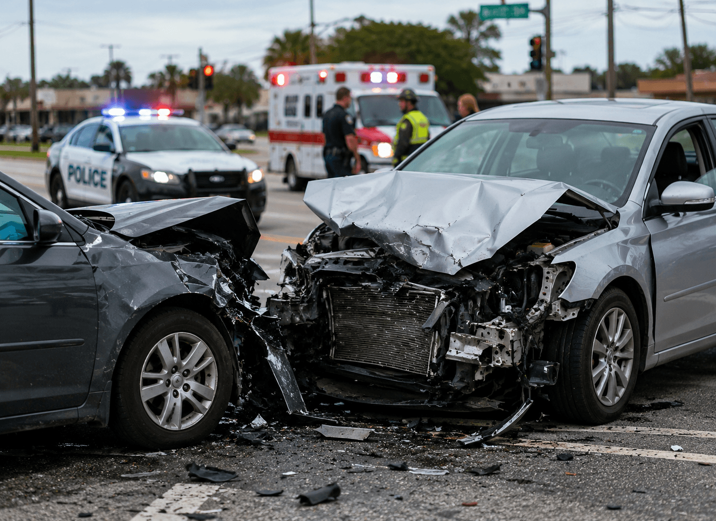 Two damaged vehicles at a car-accident scene in the Rio Grande Valley